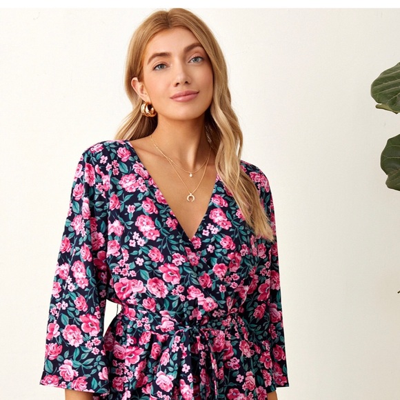 Surplice Neck Belted Floral Print Romper - Picture 8 of 8